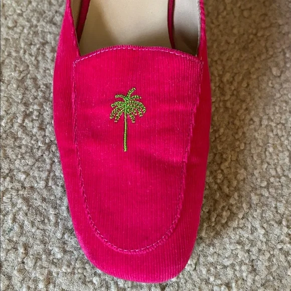 Lilly Pulitzer Vintage Dark Pink Corduroy Mules with Green Palm Trees sz 8.5 - Picture 2 of 10